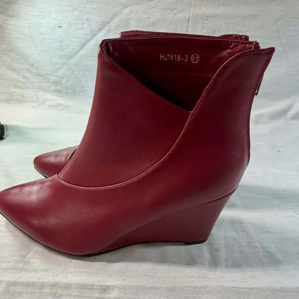 Allegra K Women's Pointed Toe Zipper Wedge Heel Ankle Booties Red Size 8.5 HJ161